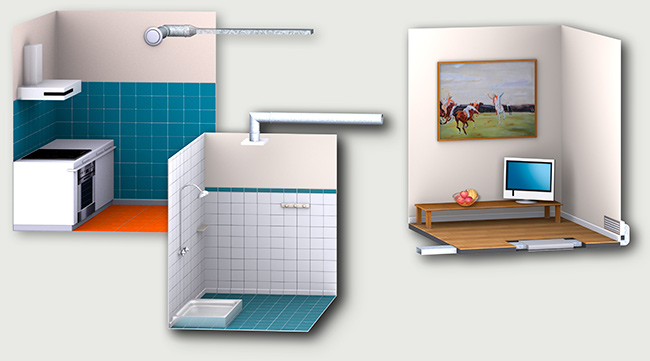 Drei 3D Grafiken. Abluft aus der Küche und dem Bad und Zuluft zum Wohnbereich.